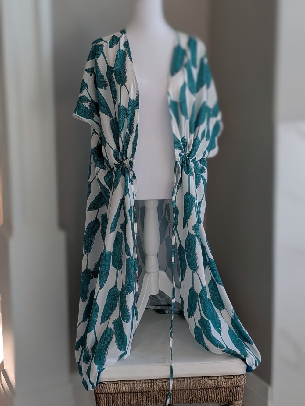 Green Leaf Print Swim Coverup with Drawstring Waist-20W - Picture 7 of 9